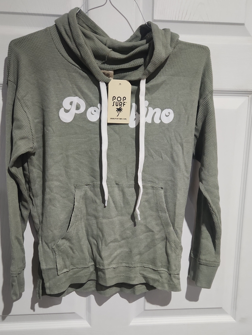 Pop Surf Olive Green Waffle Cowl-Neck Pullover with White Drawstrings